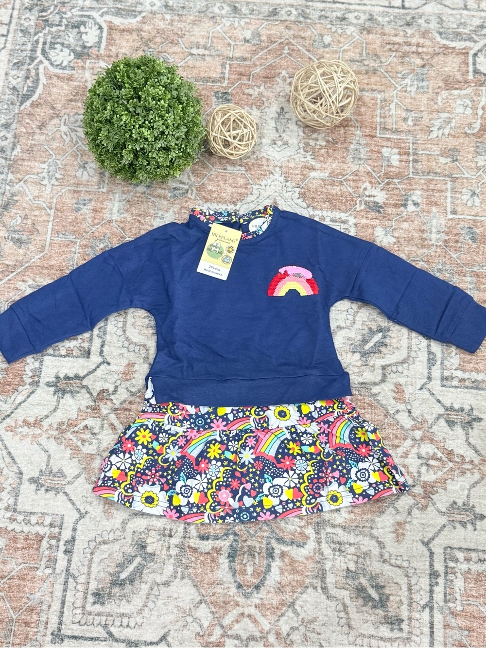 Little Girls Navy Rainbow Sweat Skirt Dress with Floral Skirt
